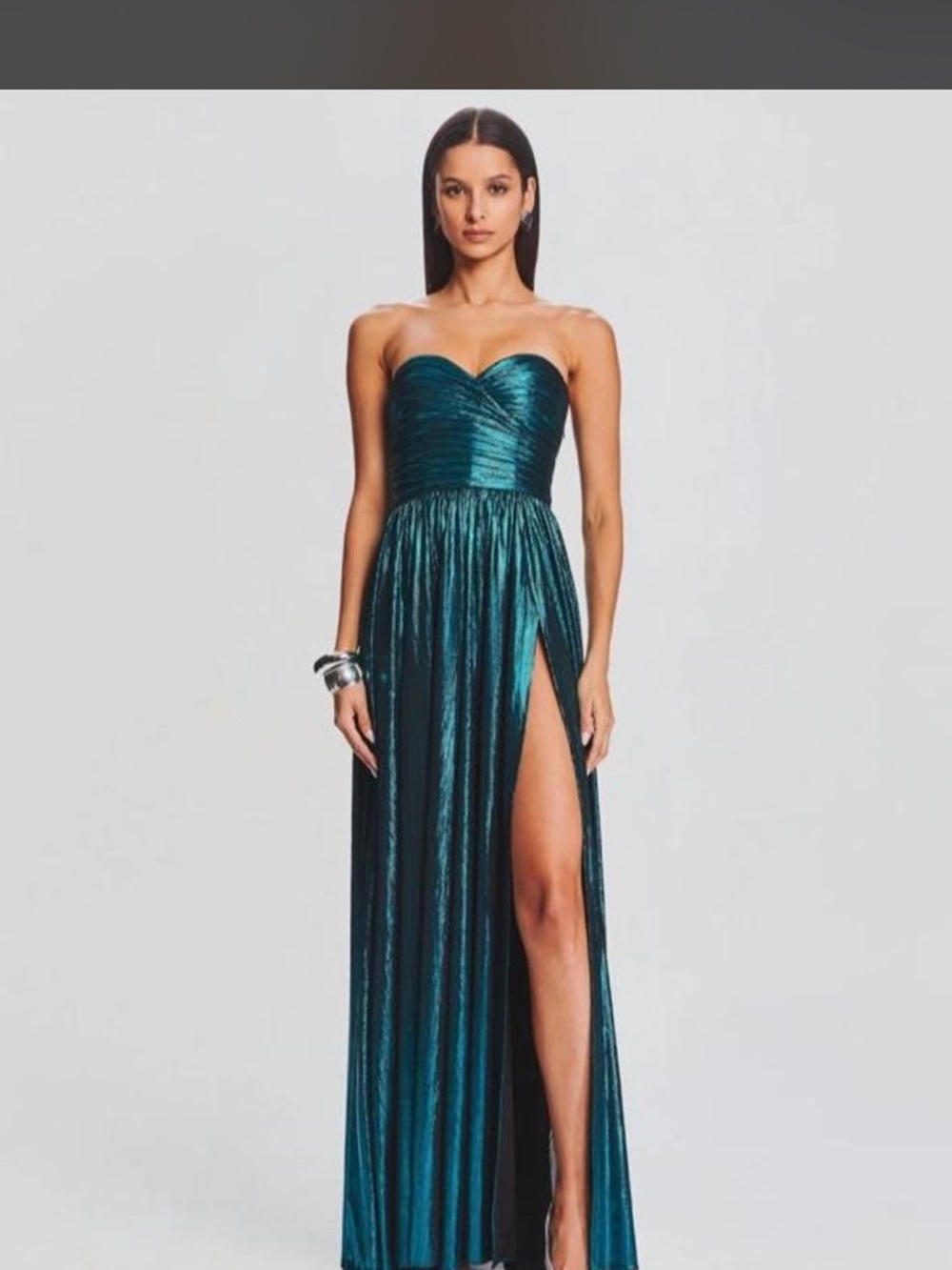 Retrofete Teal Strapless Metallic Gown with High Slit
